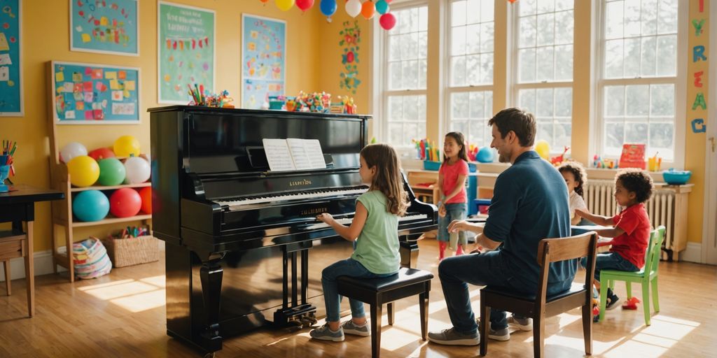 Happy children playing pianos with a friendly teacher.