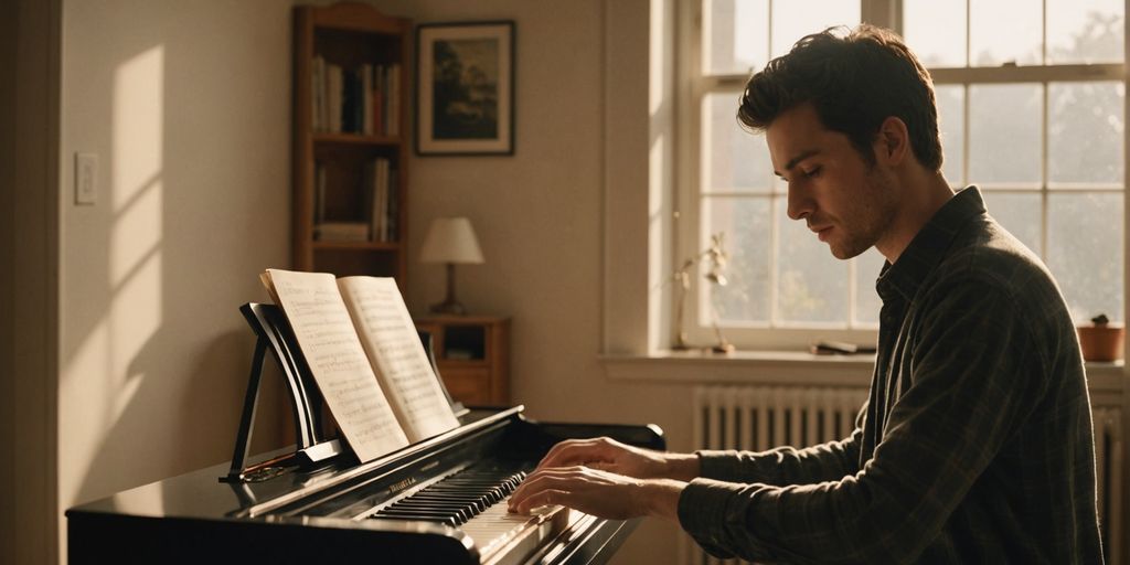 Young adult practicing piano in sunlight