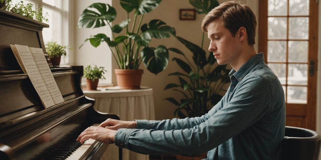 Young adult learning piano in cozy room.