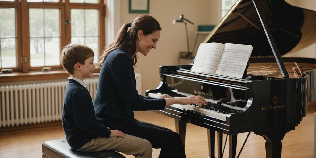 Child and teacher at piano